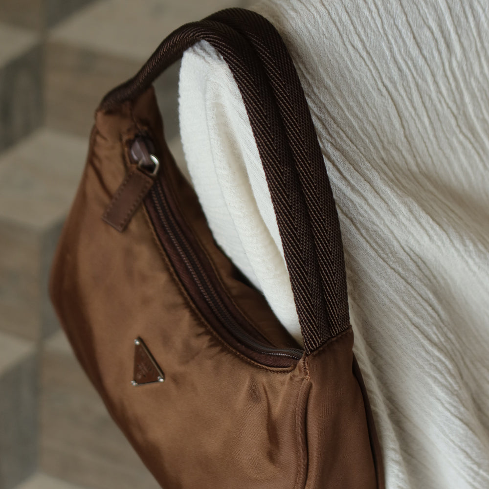 Prada Vintage Brown Nylon Tessuto Small Hobo Bag