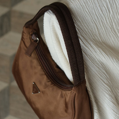 Prada Vintage Brown Nylon Tessuto Small Hobo Bag
