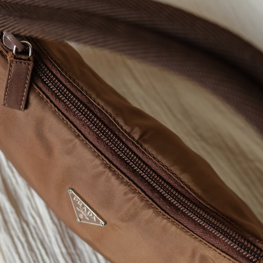 Prada Vintage Brown Nylon Tessuto Small Hobo Bag