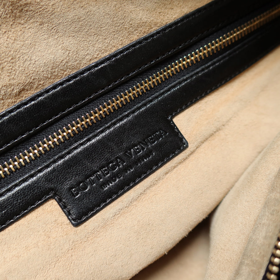 Bottega Veneta Vintage Black Intrecciato Weave Leather Strap detail Shoulder Bag