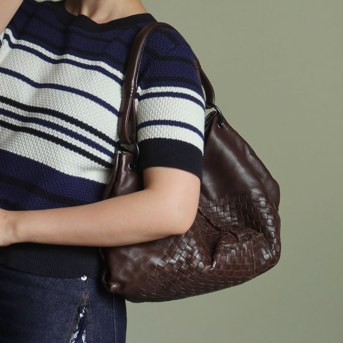 Rare Bottega Veneta Chocolate Brown Leather Intrecciato Weave Shoulder Bag