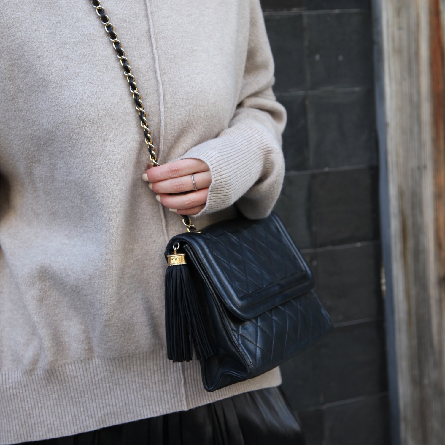 Chanel Vintage Gold Chain Tassel Black Lambskin Flap Bag