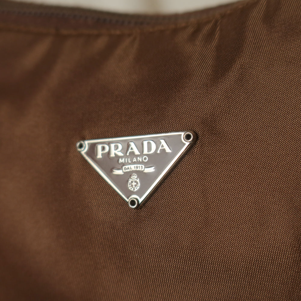 Prada Vintage Brown Nylon Tessuto Small Hobo Bag