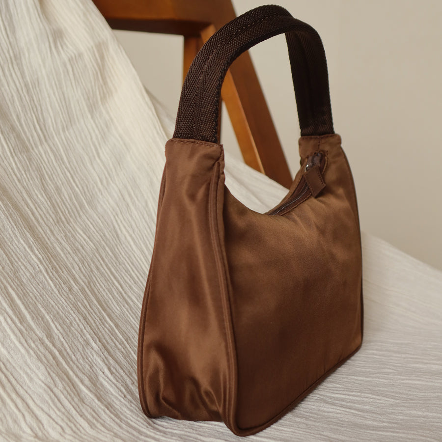 Prada Vintage Brown Nylon Tessuto Small Hobo Bag