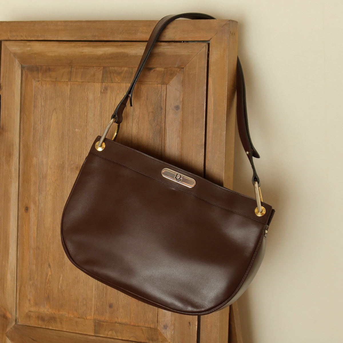 Christian Dior Vintage Classic Brown Leather Half Moon 2way Shoulder Bag