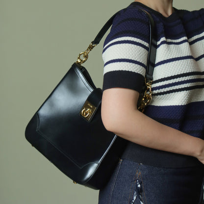 Celine Vintage Classic Black Leather Gancini Gold Buckle Shoulder Bag M