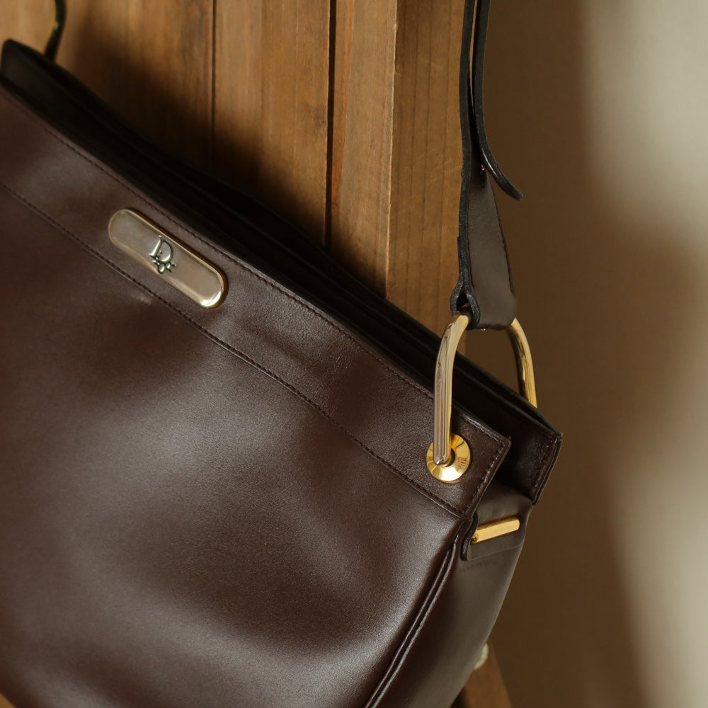 Christian Dior Vintage Classic Brown Leather Half Moon 2way Shoulder Bag