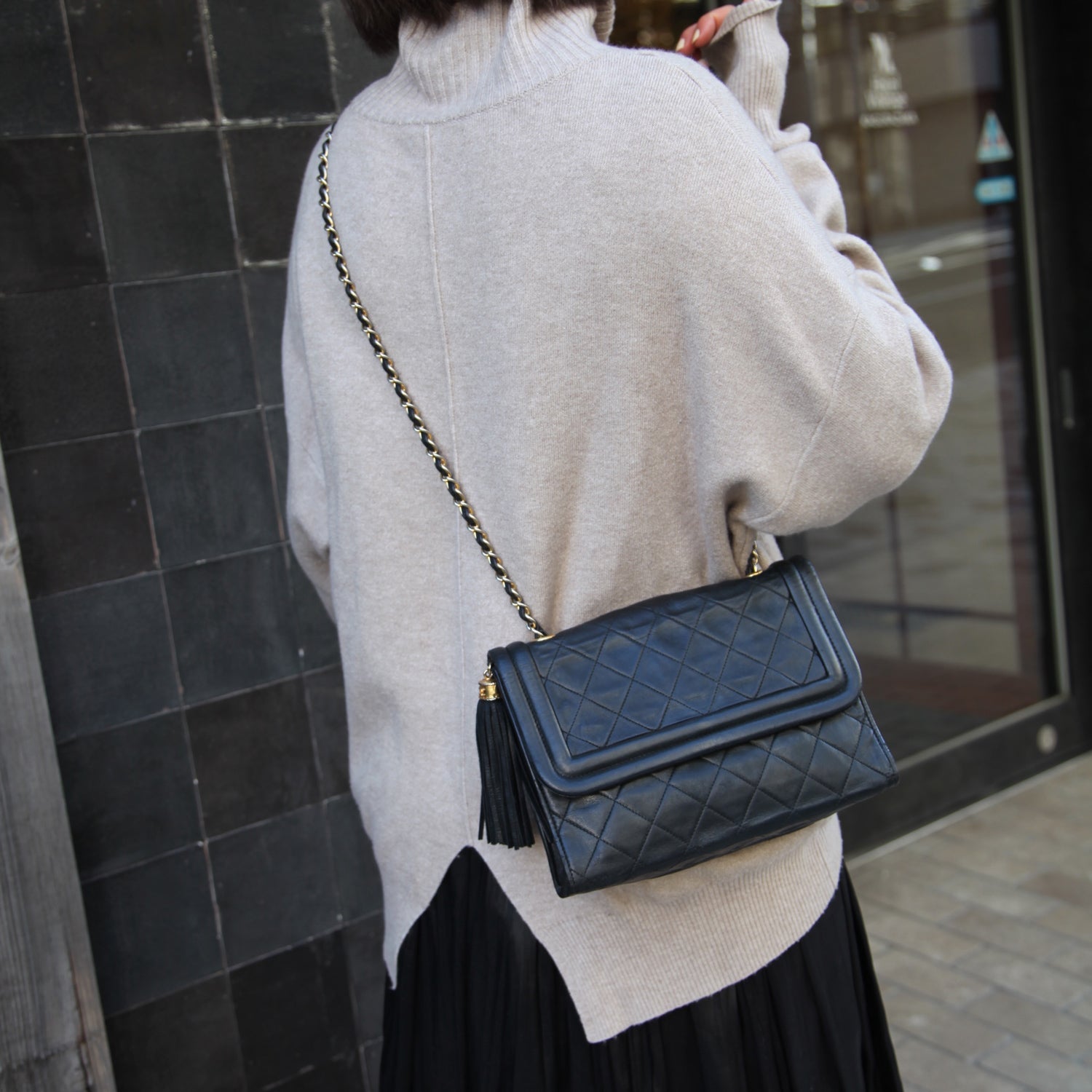 Chanel Vintage Gold Chain Tassel Black Lambskin Flap Bag