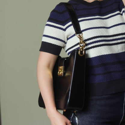Celine Vintage Classic Black Leather Gancini Gold Buckle Shoulder Bag M