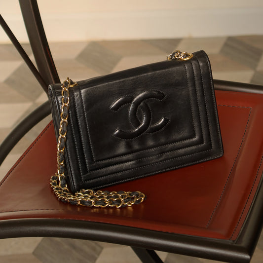 Chanel Vintage Stitched CC mark Black Lambskin Flap Bag