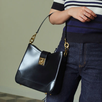 Celine Vintage Classic Black Leather Gancini Gold Buckle Shoulder Bag M