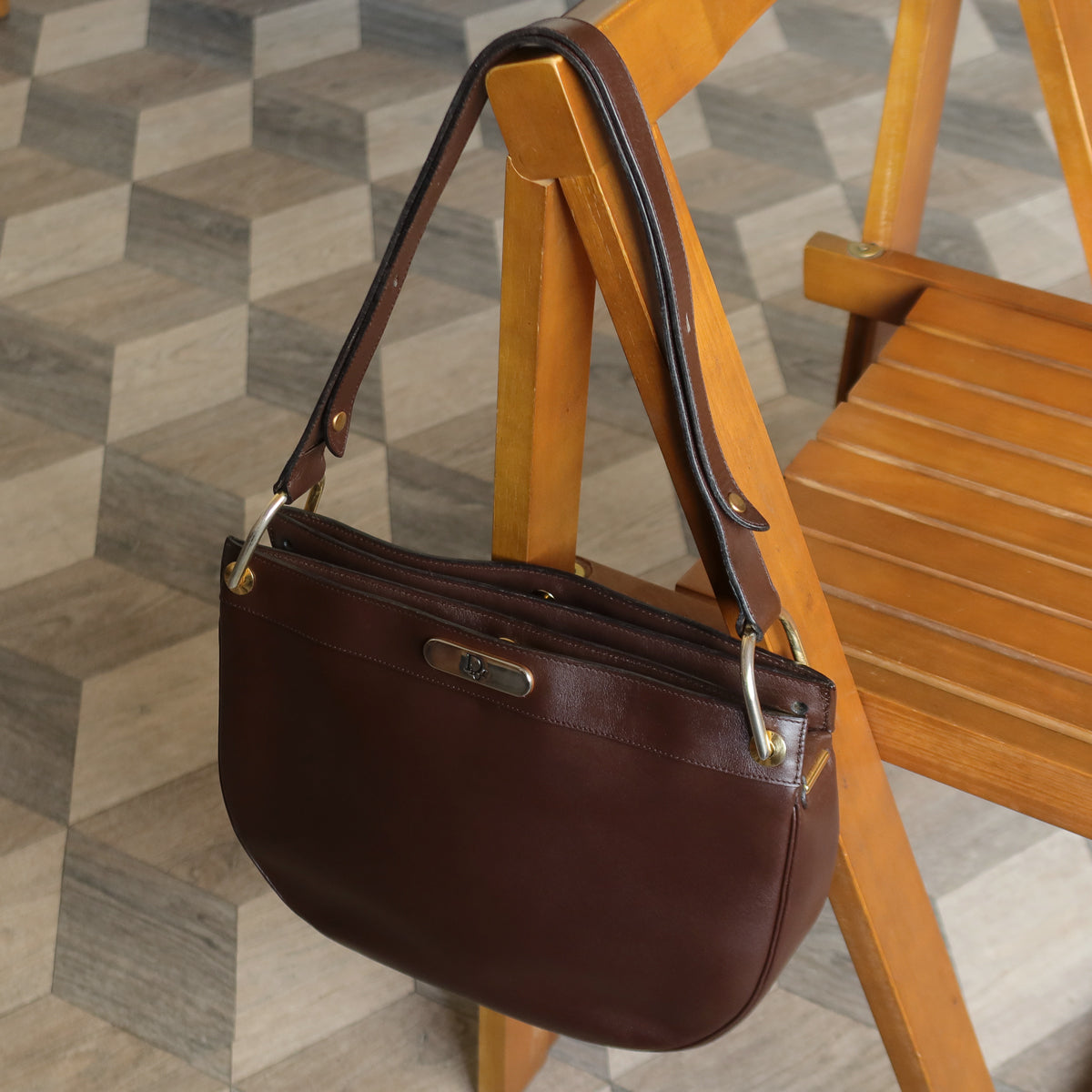 Christian Dior Vintage Classic Brown Leather Half Moon 2way Shoulder Bag