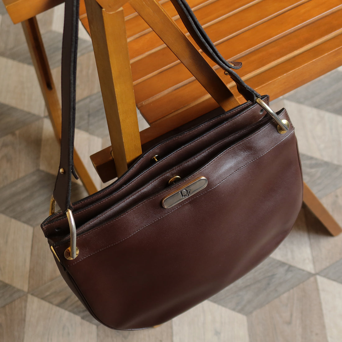 Christian Dior Vintage Classic Brown Leather Half Moon 2way Shoulder Bag