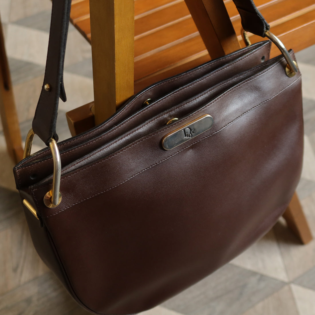 Christian Dior Vintage Classic Brown Leather Half Moon 2way Shoulder Bag