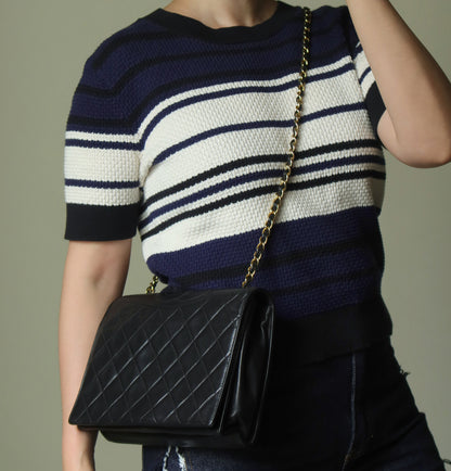 Chanel Vintage Black Lambskin Matelasse Diamond Quilted CC mark Flap Bag