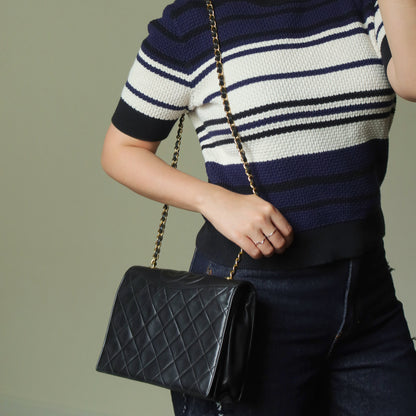 Chanel Vintage Black Lambskin Matelasse Diamond Quilted CC mark Flap Bag