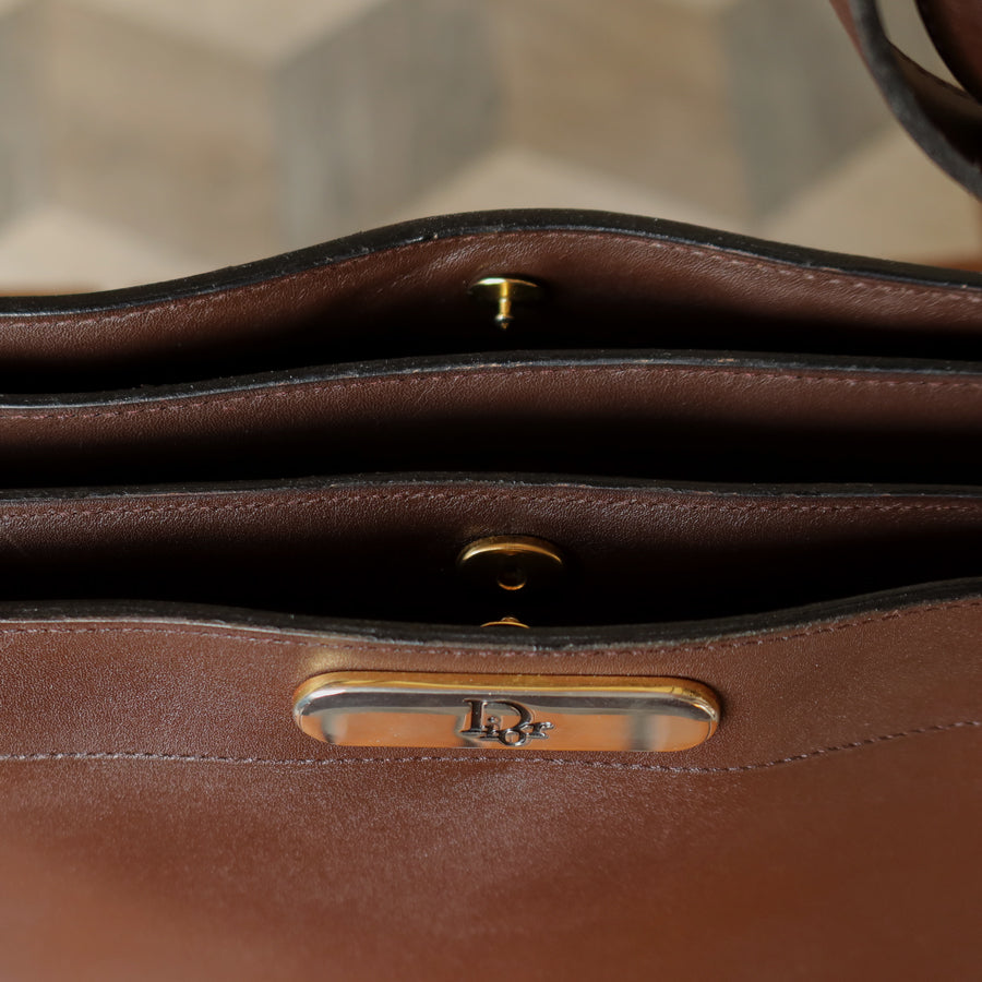 Christian Dior Vintage Classic Brown Leather Half Moon 2way Shoulder Bag