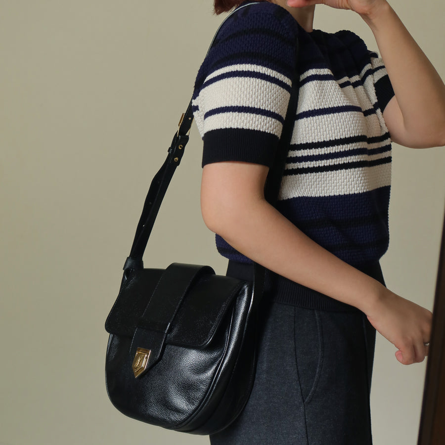 YSL Vintage Black Leather Gold Buckle Round Shoulder Flap Bag