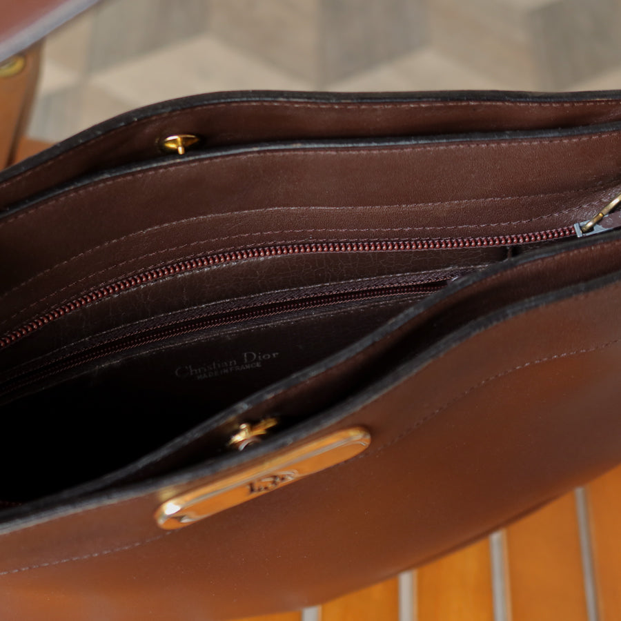 Christian Dior Vintage Classic Brown Leather Half Moon 2way Shoulder Bag