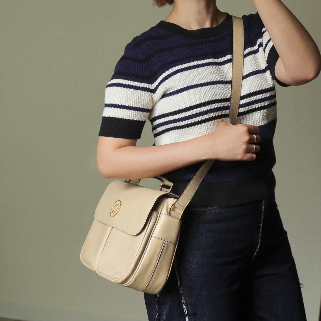 Celine Vintage Cream Bisque Pebbled Leather Celine Ring Crossbody Top Handle Bag