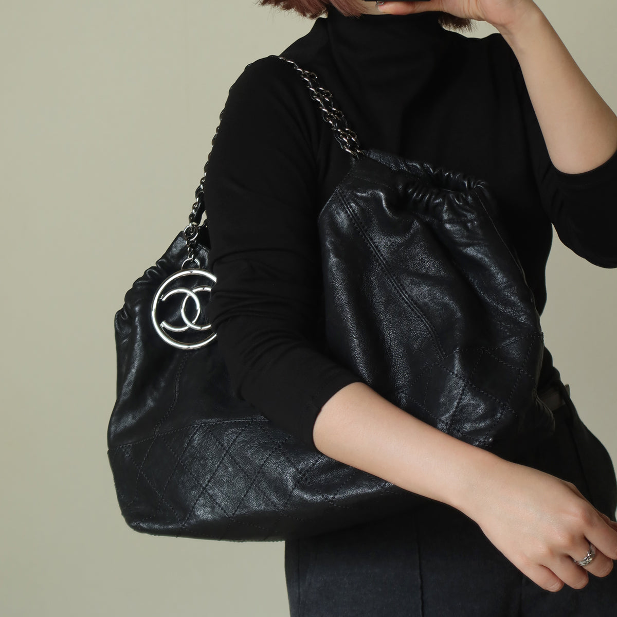 Chanel Vintage Diamond Stitching Coco charm Cabas Black Hobo Shoulder Bag L