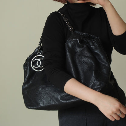 Chanel Vintage Diamond Stitching Coco charm Cabas Black Hobo Shoulder Bag L