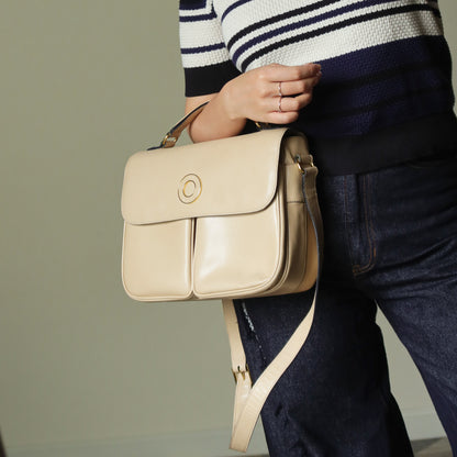 Celine Vintage Cream Bisque Pebbled Leather Celine Ring Crossbody Top Handle Bag