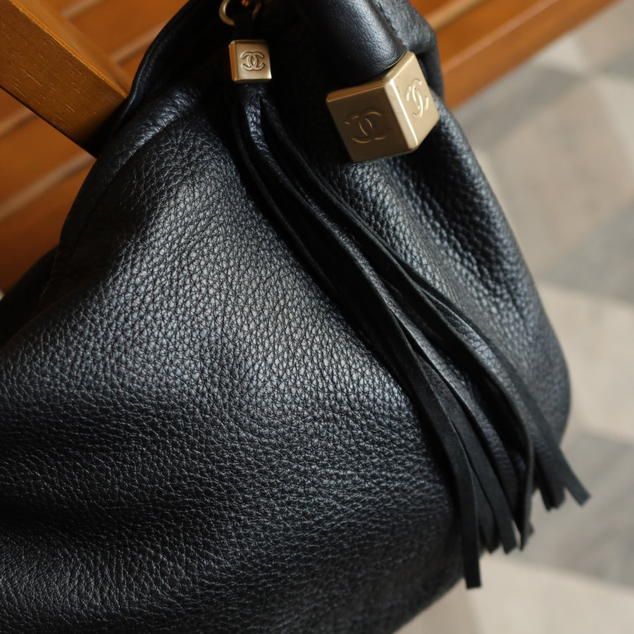 Chanel Vintage Black Calfskin Fringe Charm CC Dice 2way Hobo Bag S