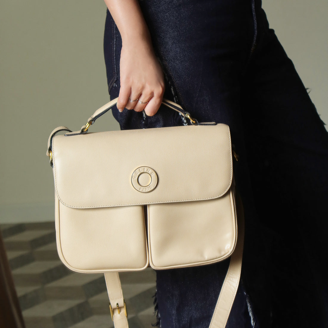 Celine Vintage Cream Bisque Pebbled Leather Celine Ring Crossbody Top Handle Bag