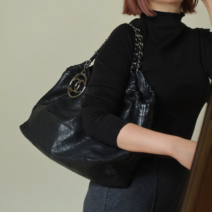 Chanel Vintage Diamond Stitching Coco charm Cabas Black Hobo Shoulder Bag L