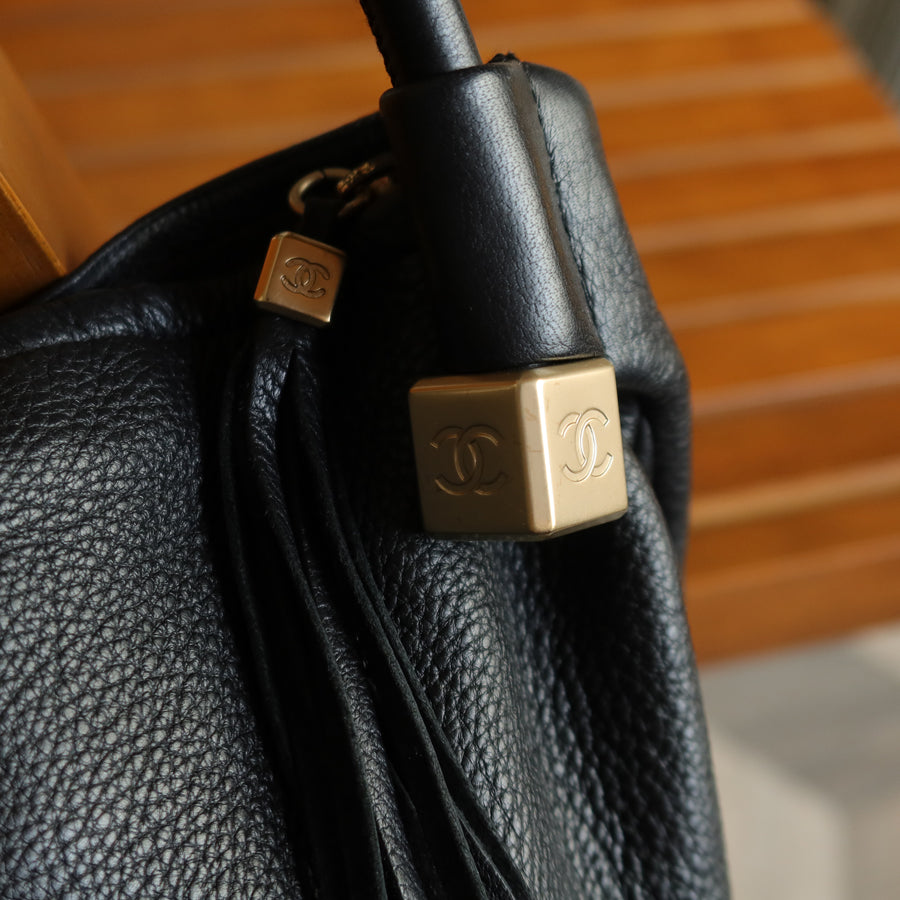 Chanel Vintage Black Calfskin Fringe Charm CC Dice 2way Hobo Bag S