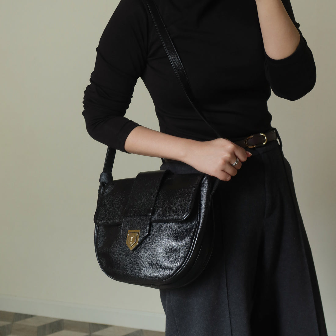 YSL Vintage Black Leather Gold Buckle Round Shoulder Flap Bag