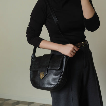 YSL Vintage Black Leather Gold Buckle Round Shoulder Flap Bag