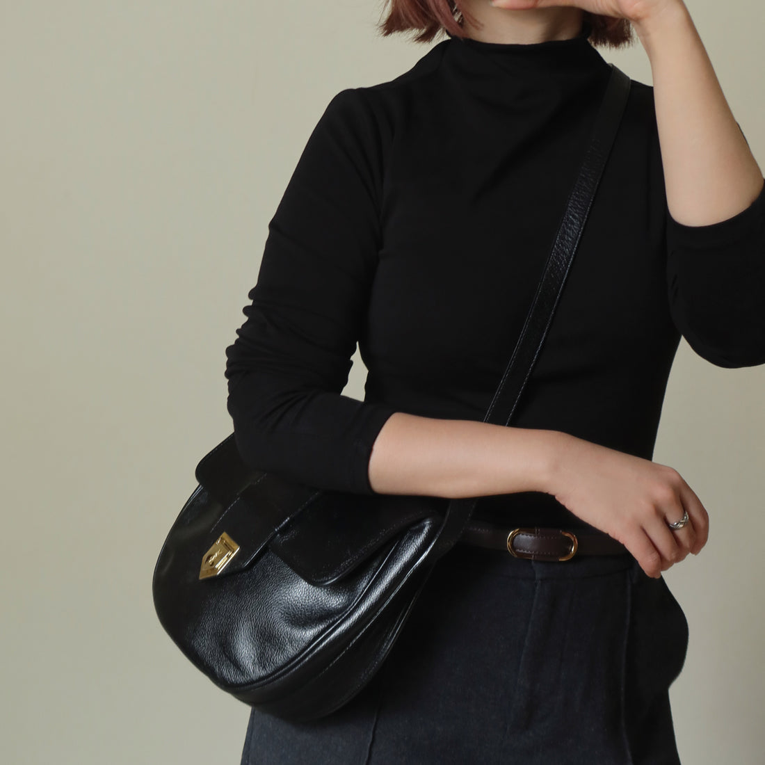 YSL Vintage Black Leather Gold Buckle Round Shoulder Flap Bag