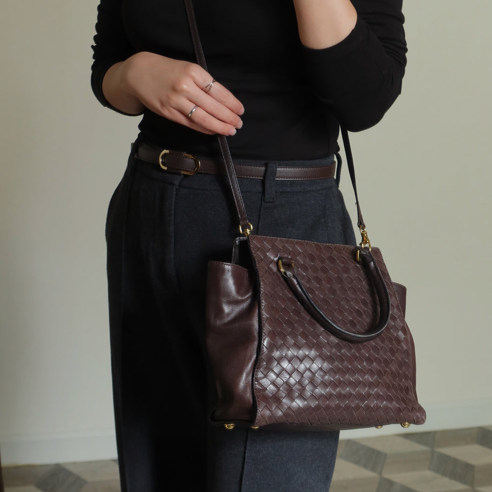 Bottega Veneta Vintage Dark Chocolate Brown Intrecciato Leather 2way Shoulder Bag