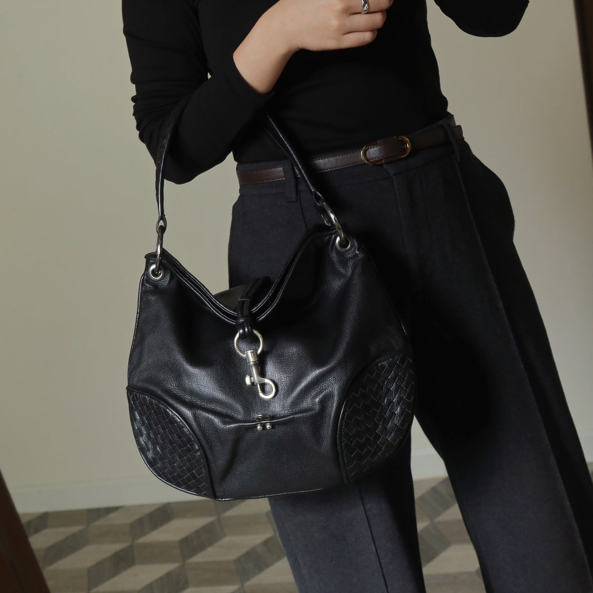 Bottega Veneta Vintage Black Intrecciato Leather Hobo One Shoulder Bag