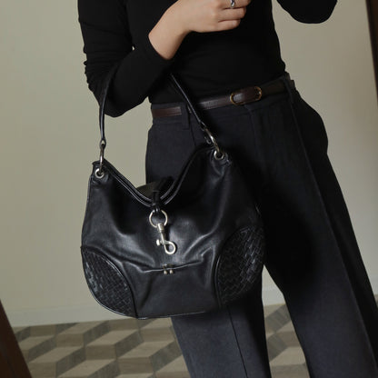 Bottega Veneta Vintage Black Intrecciato Leather Hobo One Shoulder Bag