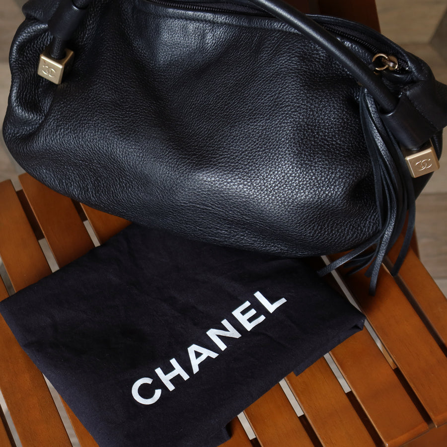 Chanel Vintage Black Calfskin Fringe Charm CC Dice 2way Hobo Bag S
