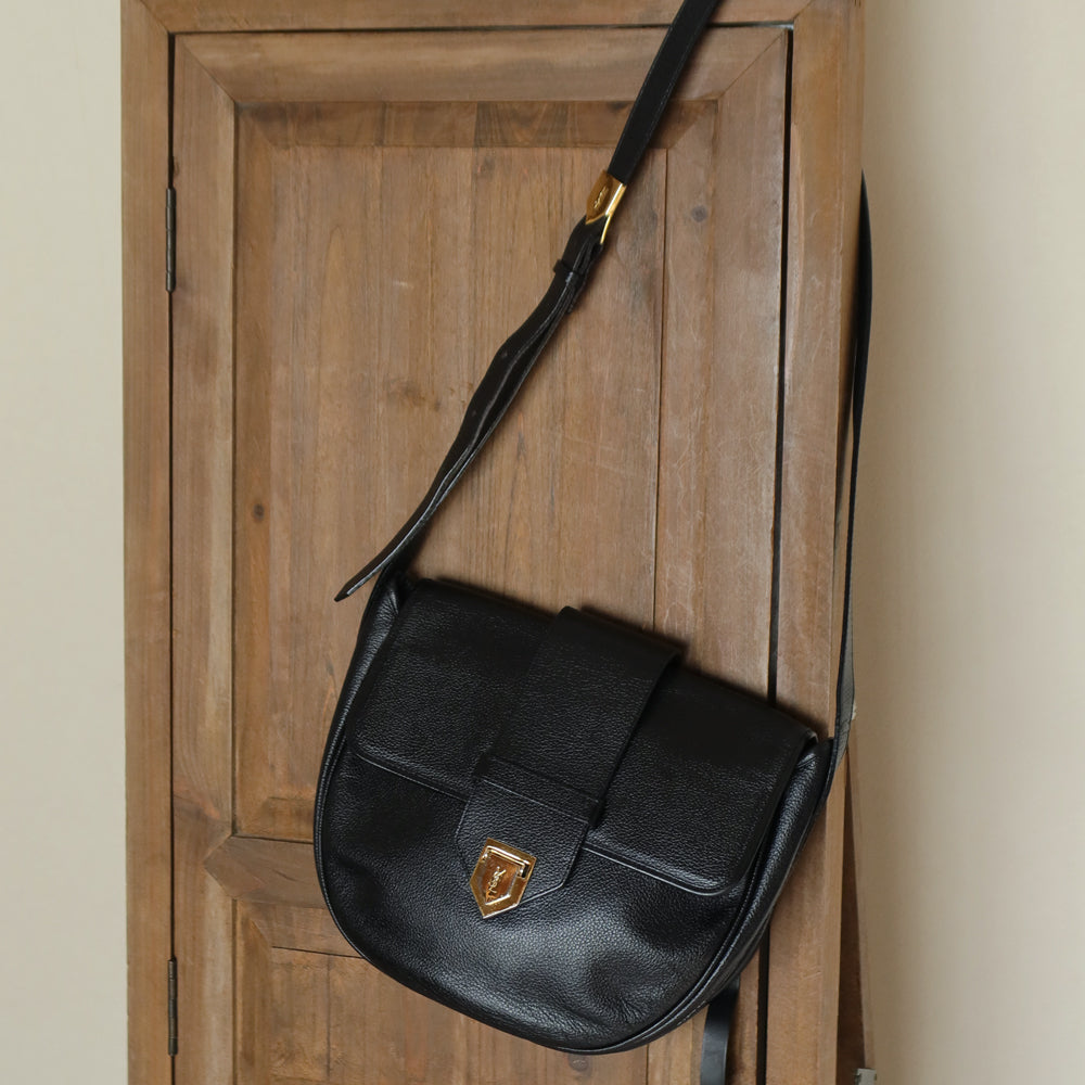 YSL Vintage Black Leather Gold Buckle Round Shoulder Flap Bag