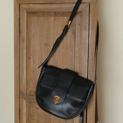 YSL Vintage Black Leather Gold Buckle Round Shoulder Flap Bag