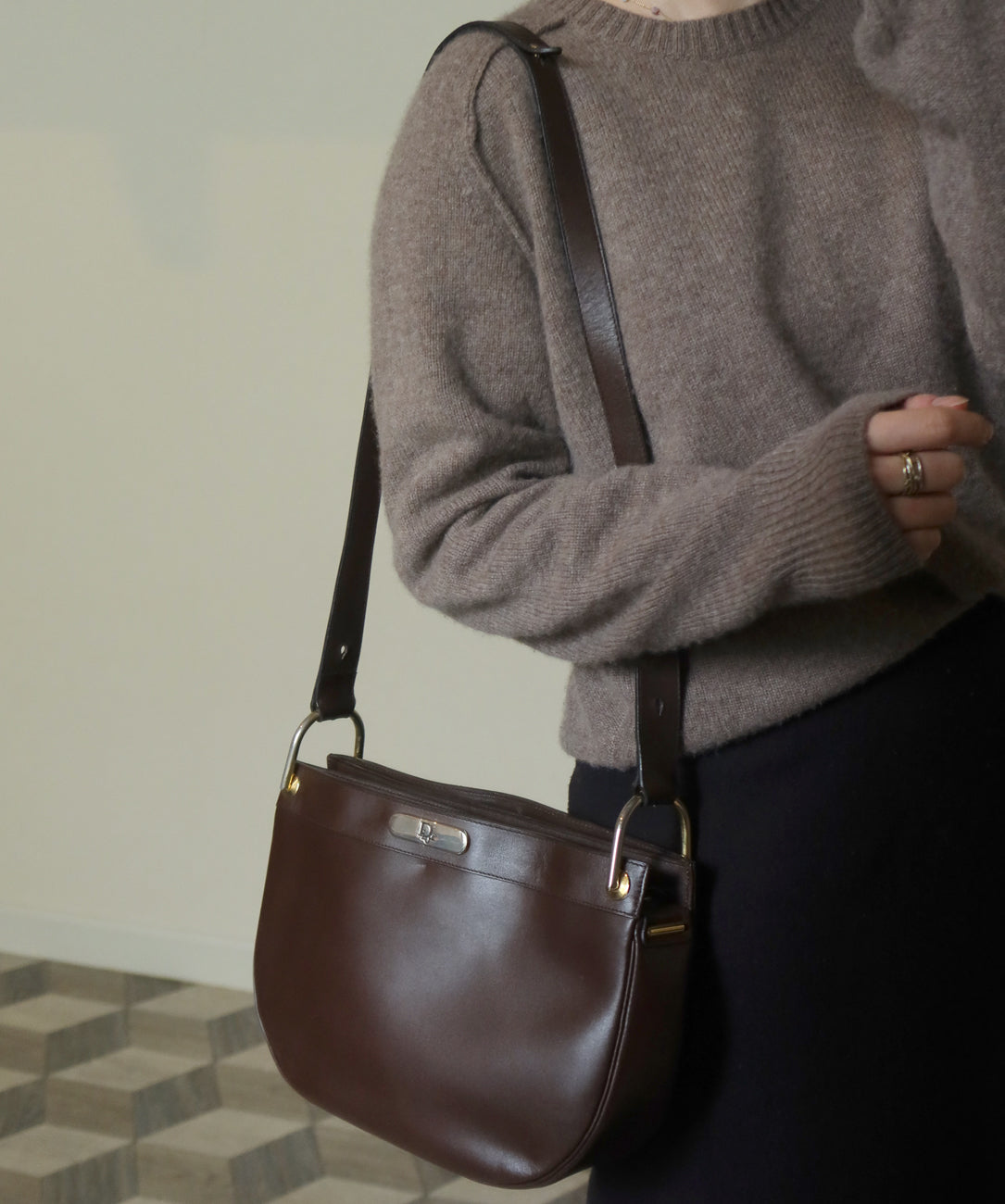 Christian Dior Vintage Classic Brown Leather Half Moon 2way Shoulder Bag