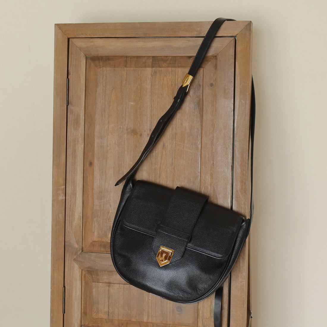 YSL Vintage Black Leather Gold Buckle Round Shoulder Flap Bag