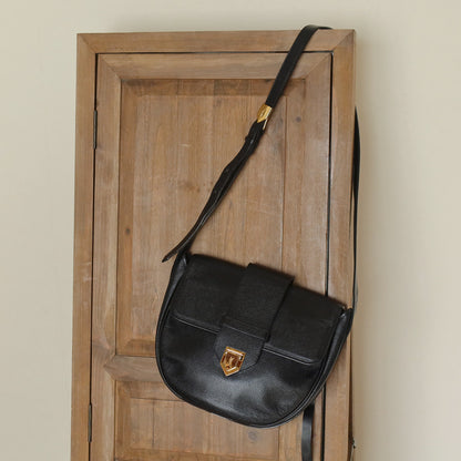 YSL Vintage Black Leather Gold Buckle Round Shoulder Flap Bag