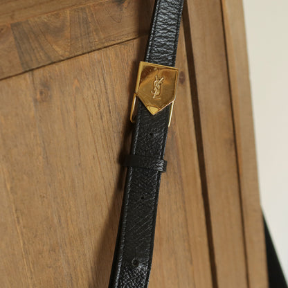 YSL Vintage Black Leather Gold Buckle Round Shoulder Flap Bag