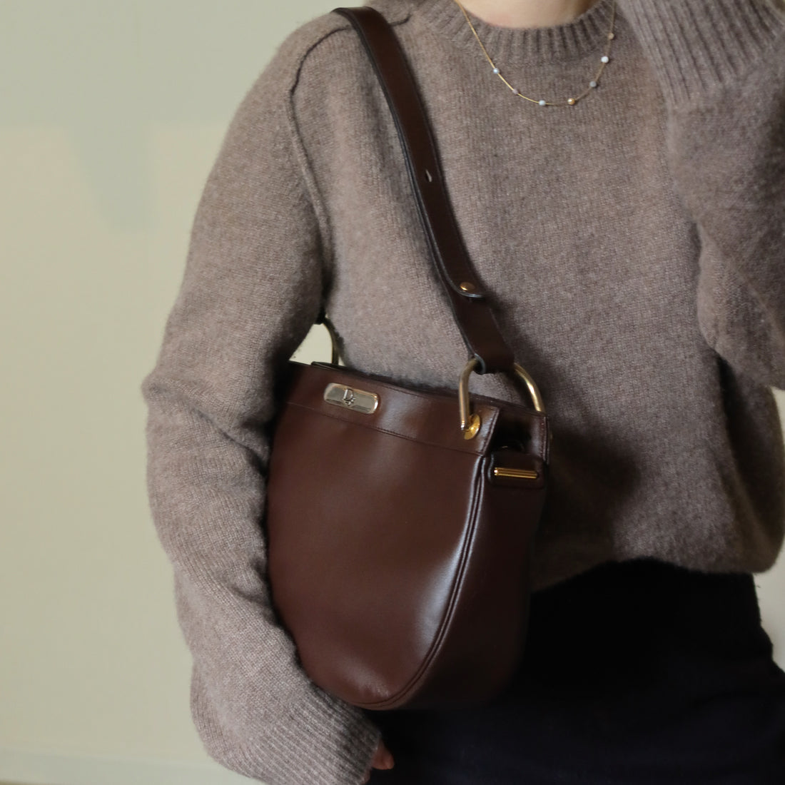 Christian Dior Vintage Classic Brown Leather Half Moon 2way Shoulder Bag