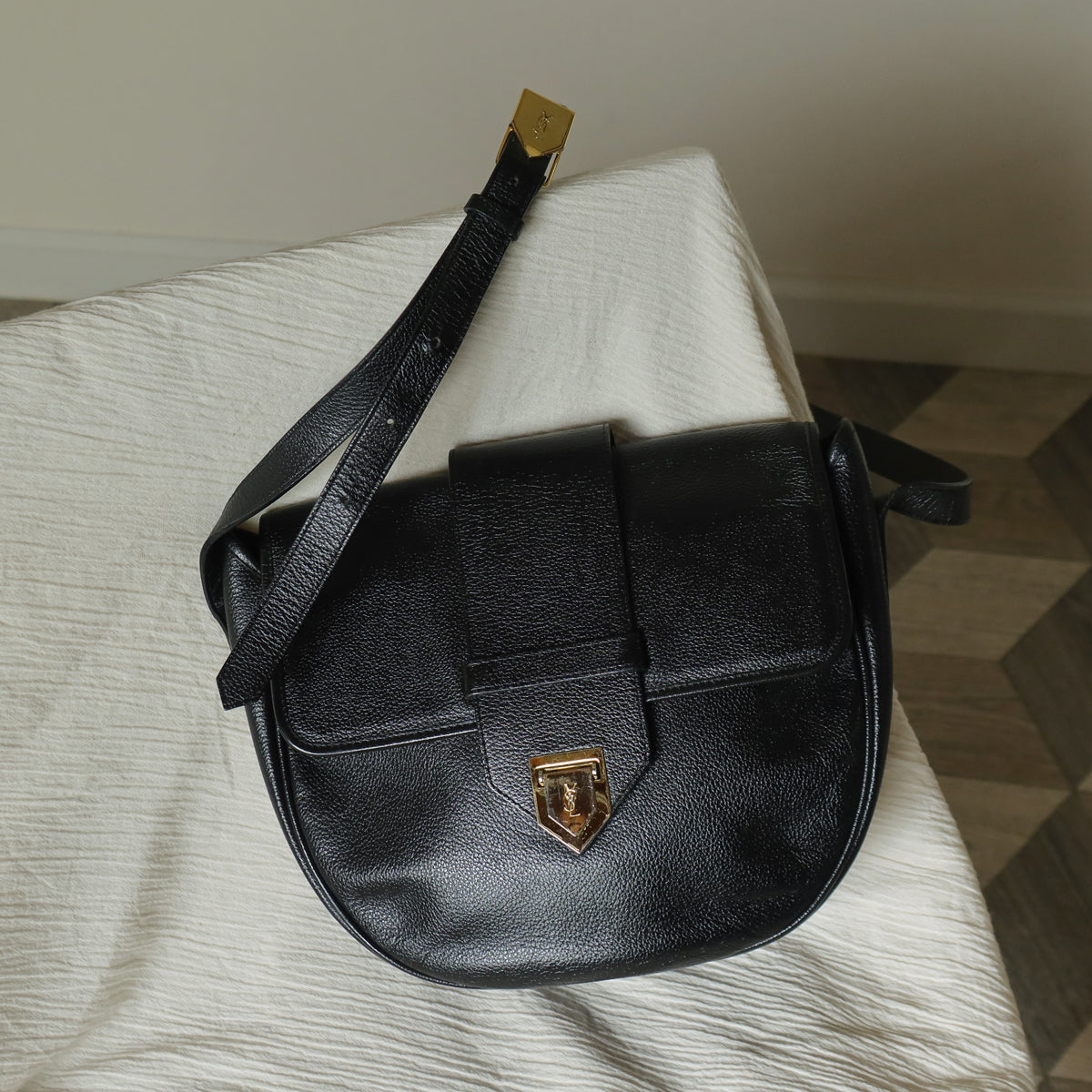 YSL Vintage Black Leather Gold Buckle Round Shoulder Flap Bag