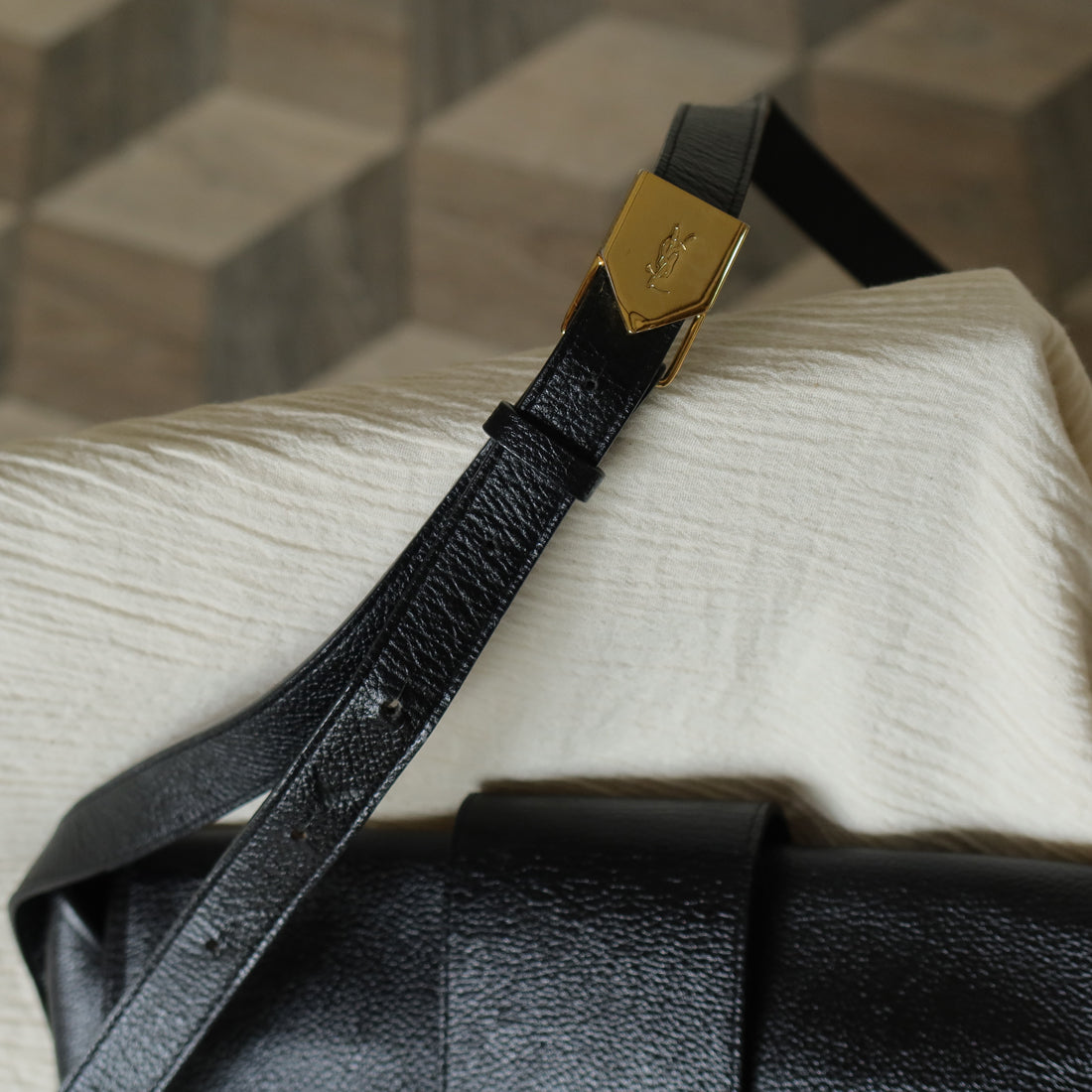 YSL Vintage Black Leather Gold Buckle Round Shoulder Flap Bag