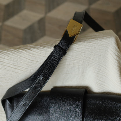 YSL Vintage Black Leather Gold Buckle Round Shoulder Flap Bag