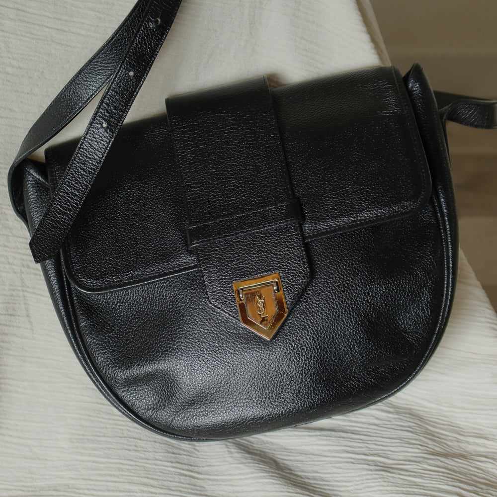 YSL Vintage Black Leather Gold Buckle Round Shoulder Flap Bag
