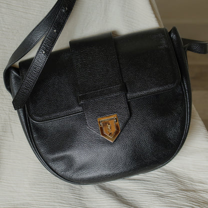 YSL Vintage Black Leather Gold Buckle Round Shoulder Flap Bag